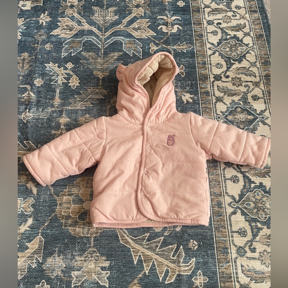 Rabbit + Bear 0-3 month Pink Hooded Baby Jacket with bear ears